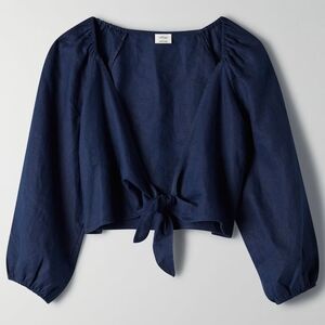 Aritzia Tenley Boho Tie Front Top – Navy Blue Linen Blend